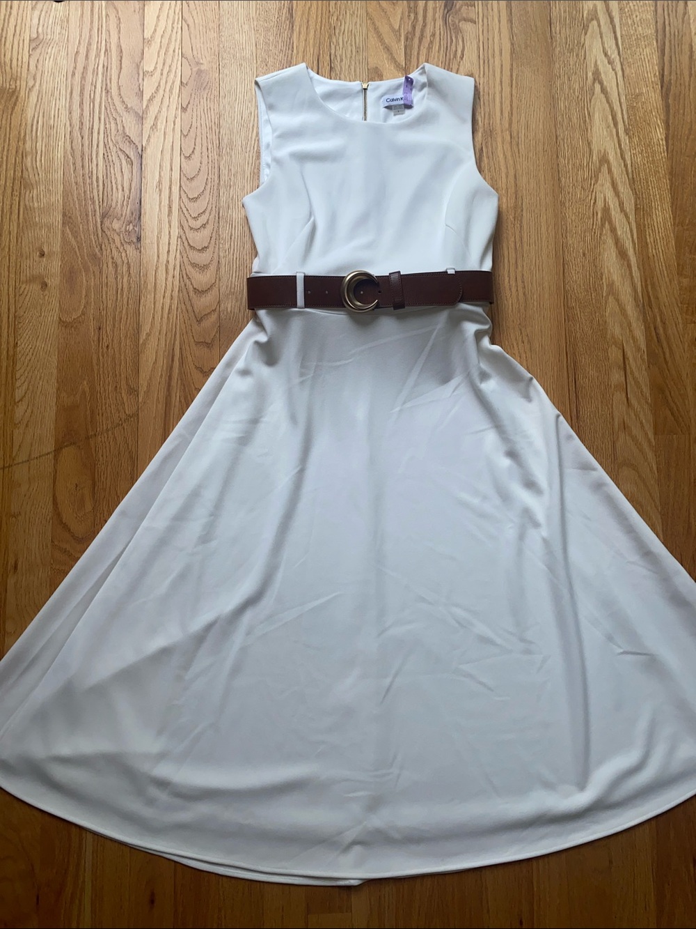 Calvin Klein White Midi Dress with Brown Belt